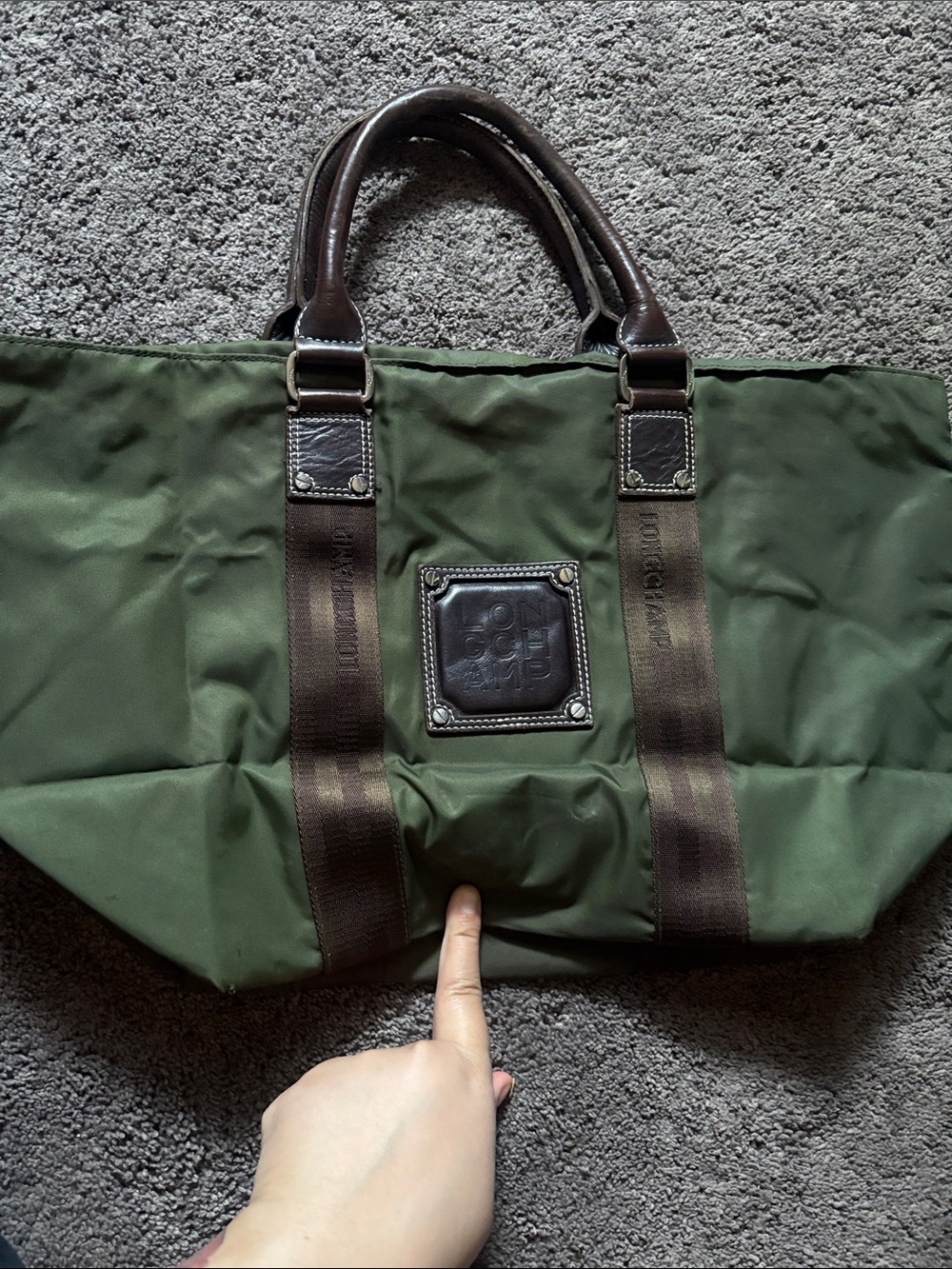 Longchamp Olive Green Nylon Duffel with Brown Leather Trim